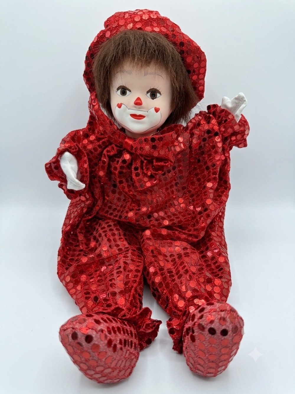 Vintage Clown Doll Porcelain Face Red Sequin Costume Plush Body Collectible